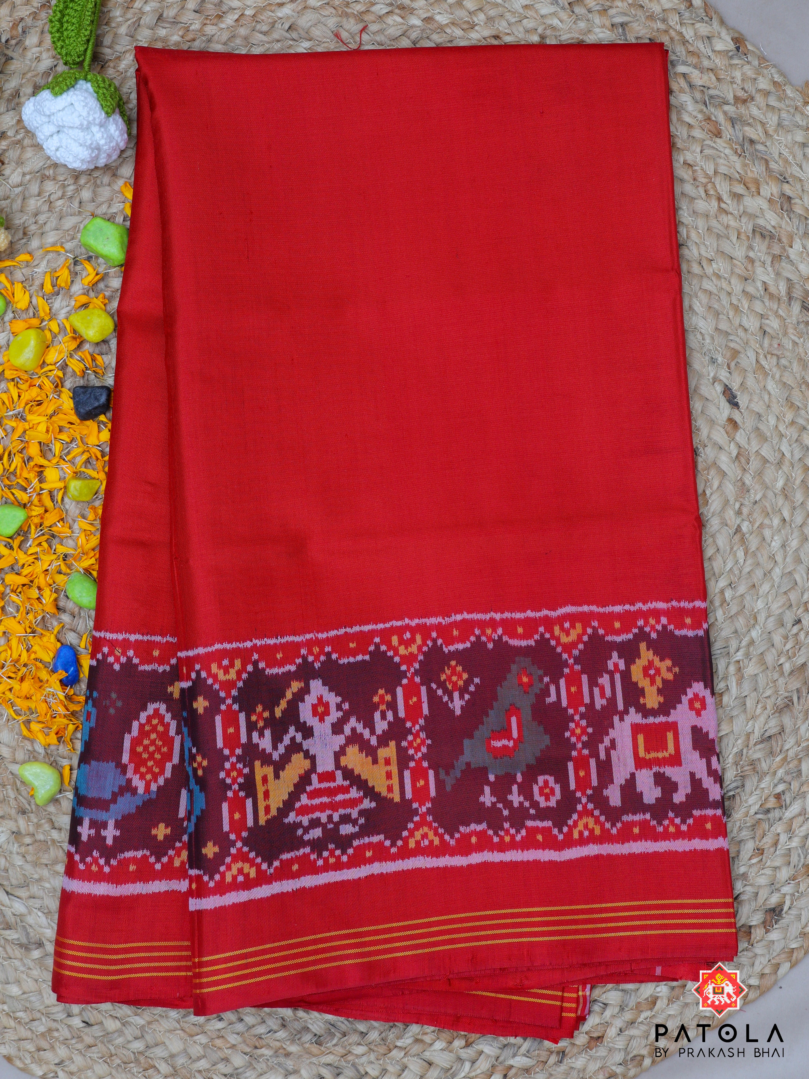 Neeta Ambani Signature Piece  Plain Red With Patola Design Blouse Semi Double Ikat Patola Saree